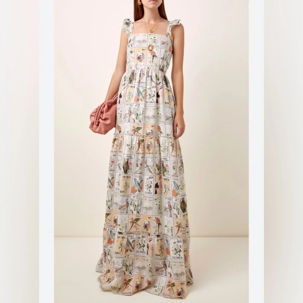 Agua Bendita Postage Stamp Linen Maxi Dress Size Small RARE